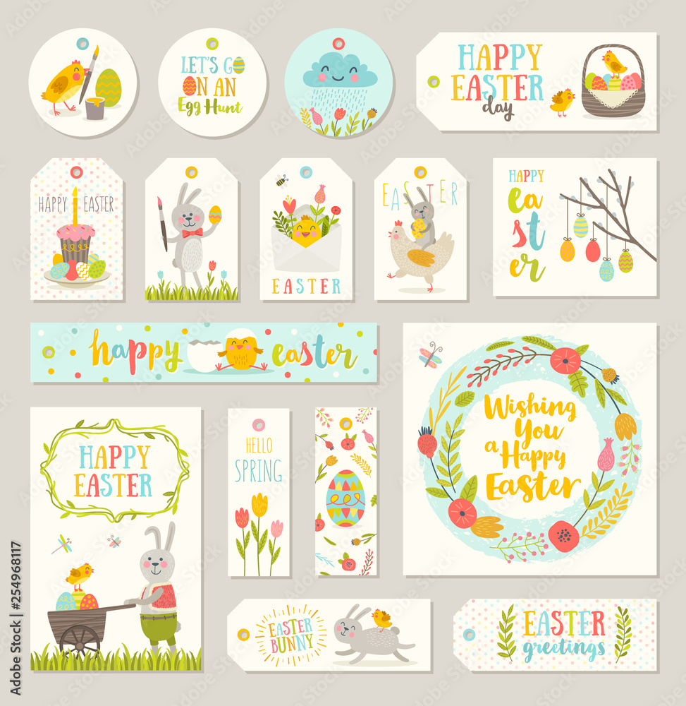 Set of vector Easter gift tags and labels with cute cartoon characters and type design . Easter greetings with bunny, chickens, eggs and flowers.