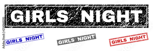 Grunge GIRLS NIGHT rectangle stamp seals isolated on a white background. Rectangular seals with grunge texture in red, blue, black and grey colors.