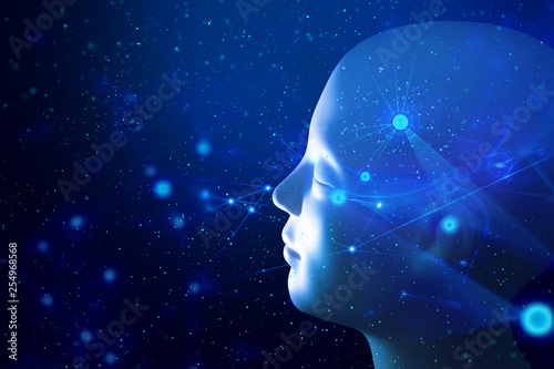human brain head and data ai global network technology particle with digital hologram with light and hand of human with blue and red color glow in sci-fi futuristic concept
