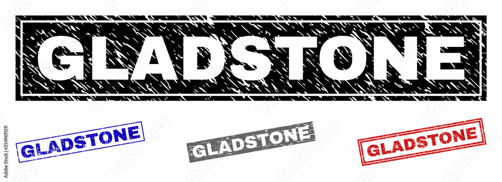 Grunge GLADSTONE rectangle stamp seals isolated on a white background. Rectangular seals with distress texture in red, blue, black and gray colors. Grunge GLADSTONE rectangle stamp seals isolated on a white background. Rectangular seals with distress texture in red, blue, black and gray colors.