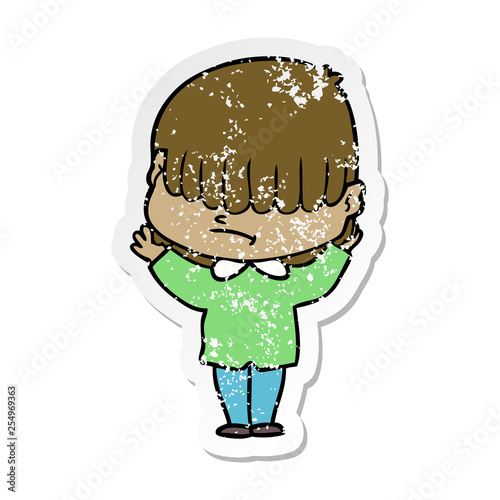 distressed sticker of a cartoon boy with untidy hair