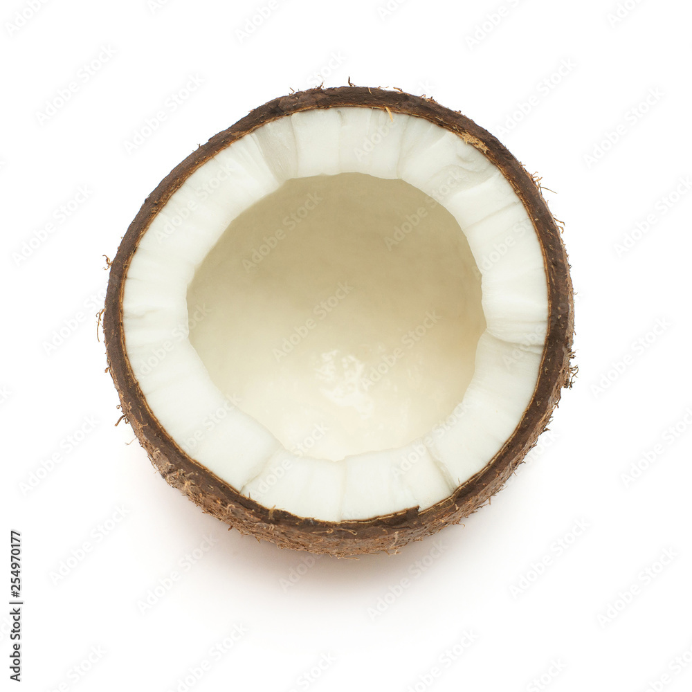 Coconuts half isolated on white background. Tropical fruit. Flat lay, top view Coconuts half isolated on white background. Tropical fruit. Flat lay, top view