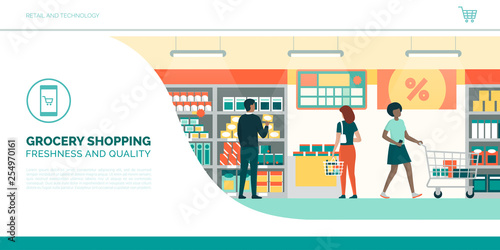 People doing grocery shopping at the supermarket