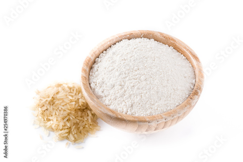 White rice flour in a bowl isolated on white background