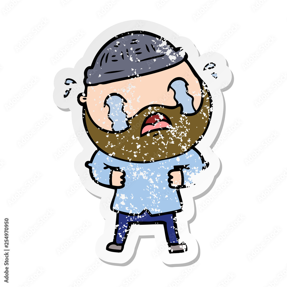 distressed sticker of a cartoon bearded man crying