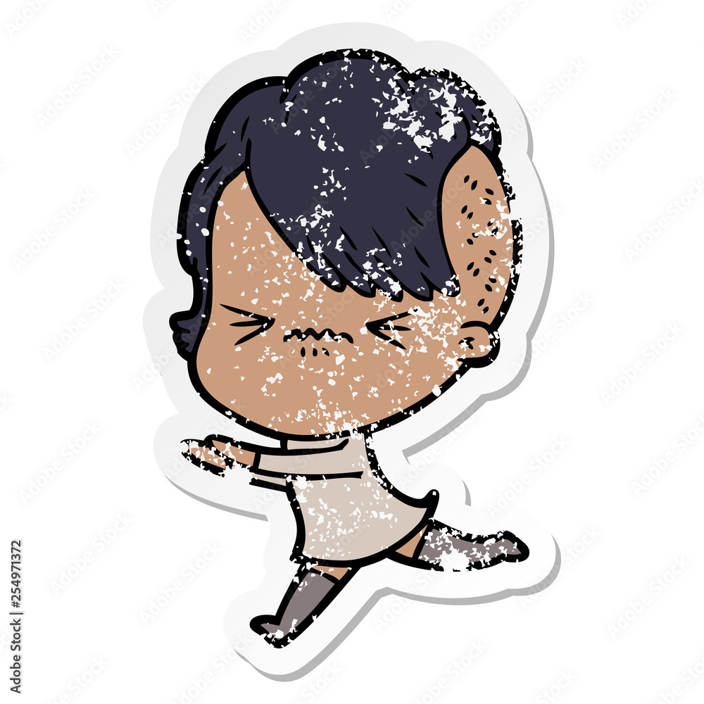 distressed sticker of a cartoon annoyed hipster girl distressed sticker of a cartoon annoyed hipster girl