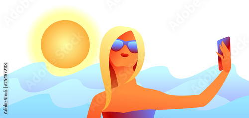 Girl in sunglasses makes selfie.