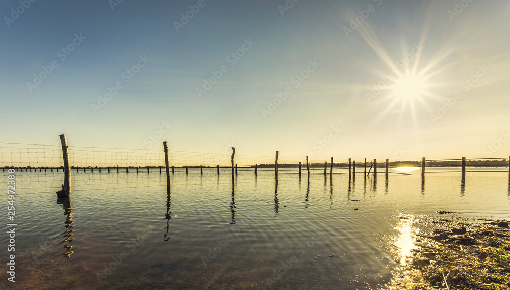 Obraz premium Wooden stick and wire fence on a lake