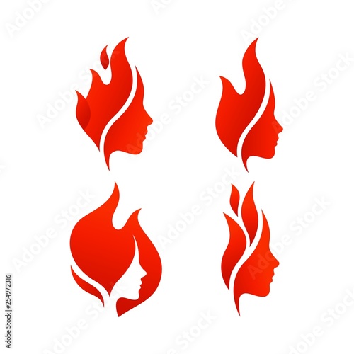 Set of Beautiful Female Faces with Flames. Vector Logo Template. Abstract Symbol Concept for Beauty Salon and Spa