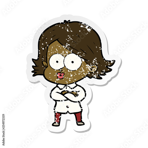 distressed sticker of a cartoon girl pouting
