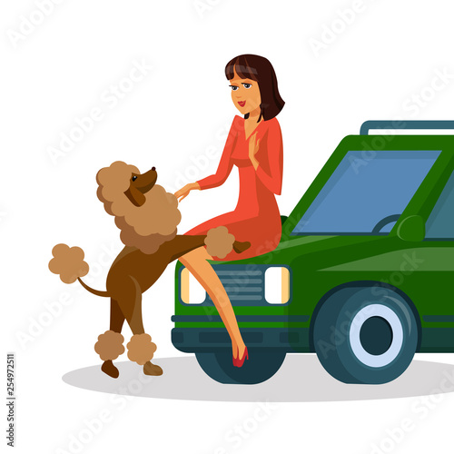 Woman Playing with Poodle Vector Illustration