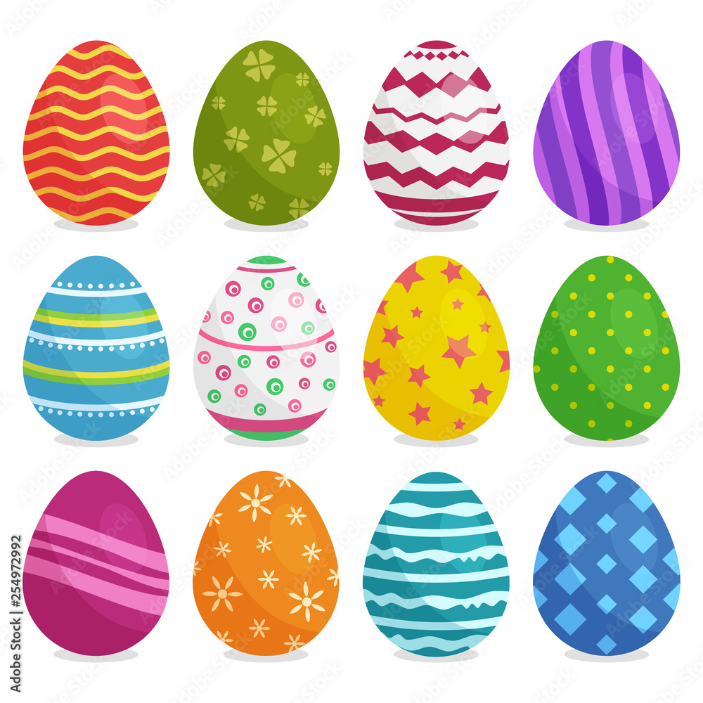 Colorful collection of Easter eggs with shadow isolated on white background. Vector illustration