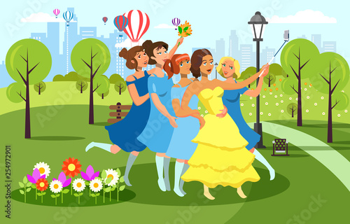 Bridesmaids taking Selfie Vector Illustration