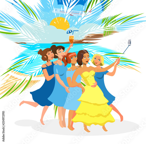 Girls taking Selfie on Beach Vector Design Element