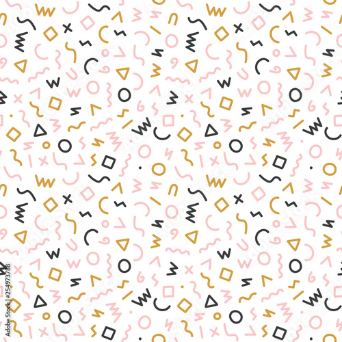 Memphis style seamless pattern. Abstract vector illustration with geometric elements, shapes.