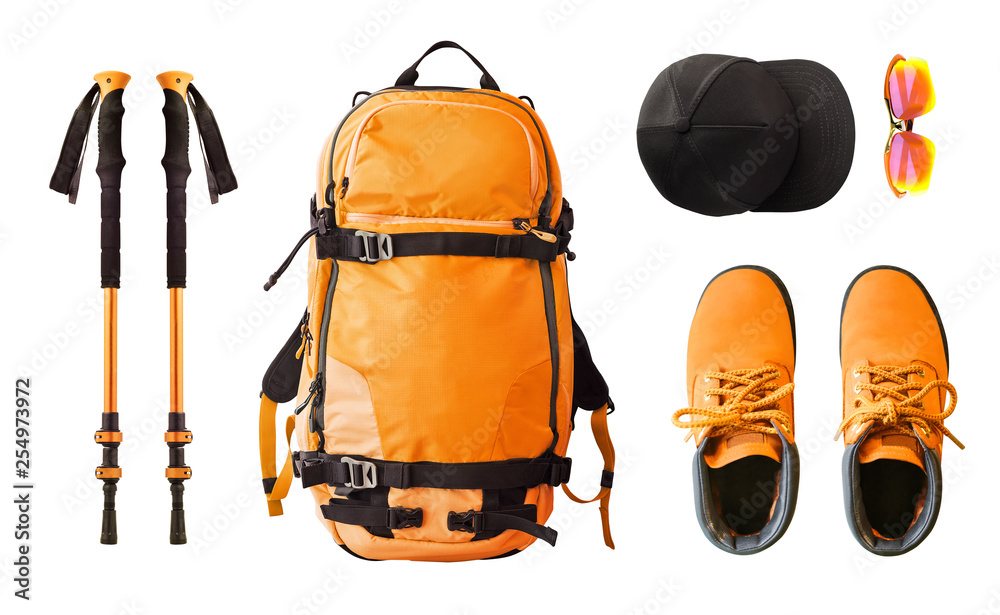 Flat lay of sport equipment and clothes for hiking and trekking. Top view  of walking poles, backpack, boots, etc. isolated on white background Stock  Photo | Adobe Stock