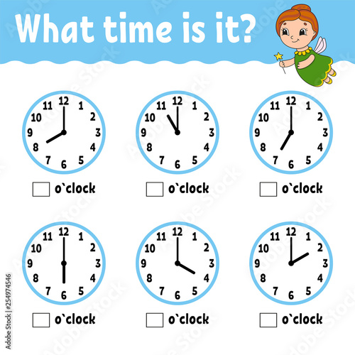 Learning time on the clock. Educational activity worksheet for kids and toddlers. Game for children. Simple flat isolated vector illustration in cute cartoon style.
