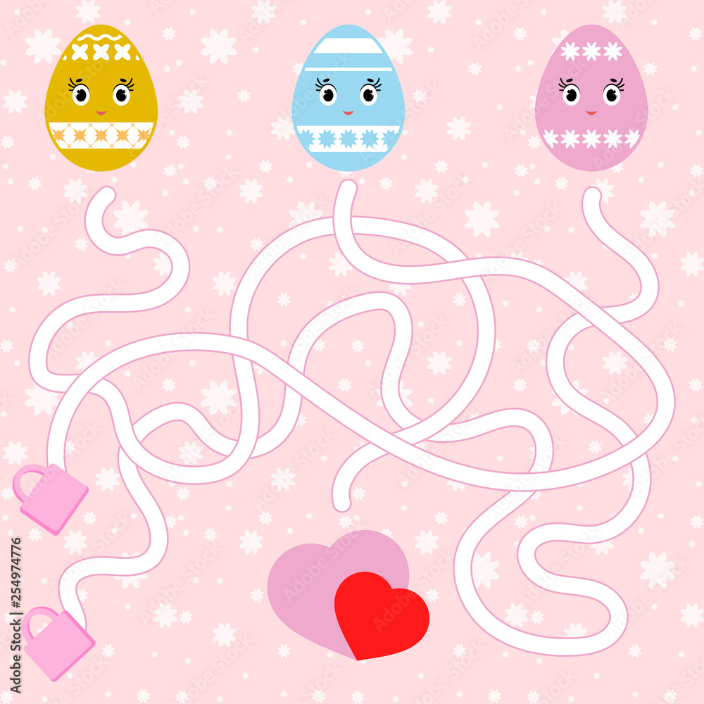 Color abstract labyrinth. Kids worksheets. Activity page. Game puzzle for children. Cute egg toon, the way to the heart, holiday, Easter. Maze conundrum. Vector illustration.