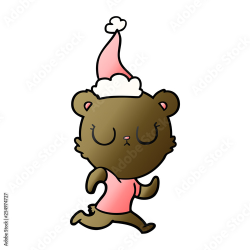 peaceful gradient cartoon of a bear running wearing santa hat