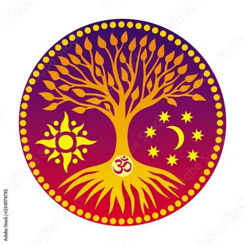 The tree of life with the sign Aum / Ohm / Om  in the center of the mandala  on the background of the moon and the sun. Spiritual and sacred symbol. Vector graphics.