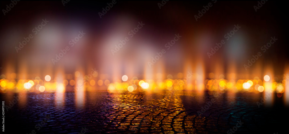 Naklejka premium Wet asphalt, reflection of neon lights, a searchlight, smoke. Abstract street with smoke, smog. Night background, night city Abstract bokeh light, night bokeh.