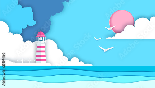 Sea or ocean landscape, sea beach  with lighthouse cut out paper art style design