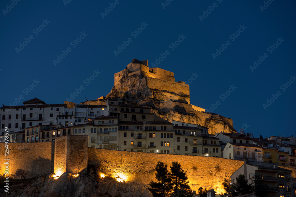 The town of Morella illuminated at night