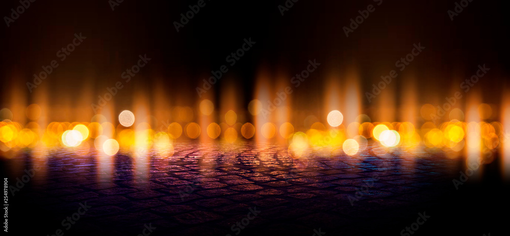 Naklejka premium Wet asphalt, reflection of neon lights, a searchlight, smoke. Abstract street with smoke, smog. Night background, night city Abstract bokeh light, night bokeh.