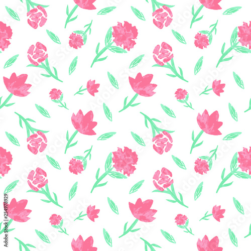 Abstract gentle floral seamless pattern with red-pink hand drawn flowers from simple shapes and leaves on white background. Vintage botanical endless texture. Vector. Textile design