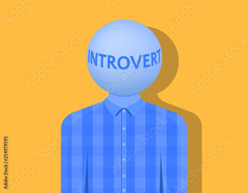 A man with a ball instead of a head, the inscription is introvert, the shadow falls on a light orange background