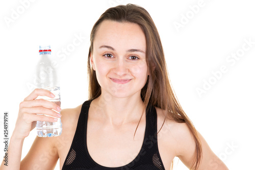 Happy woman Female athlete girl drinking posing with bottle water