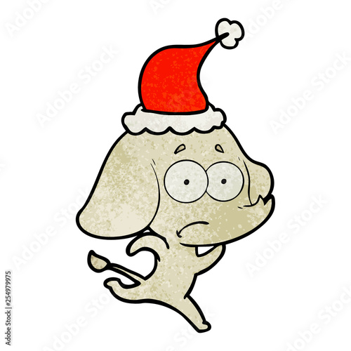 textured cartoon of a unsure elephant running away wearing santa hat
