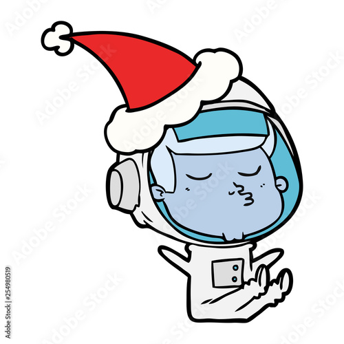 line drawing of a confident astronaut wearing santa hat