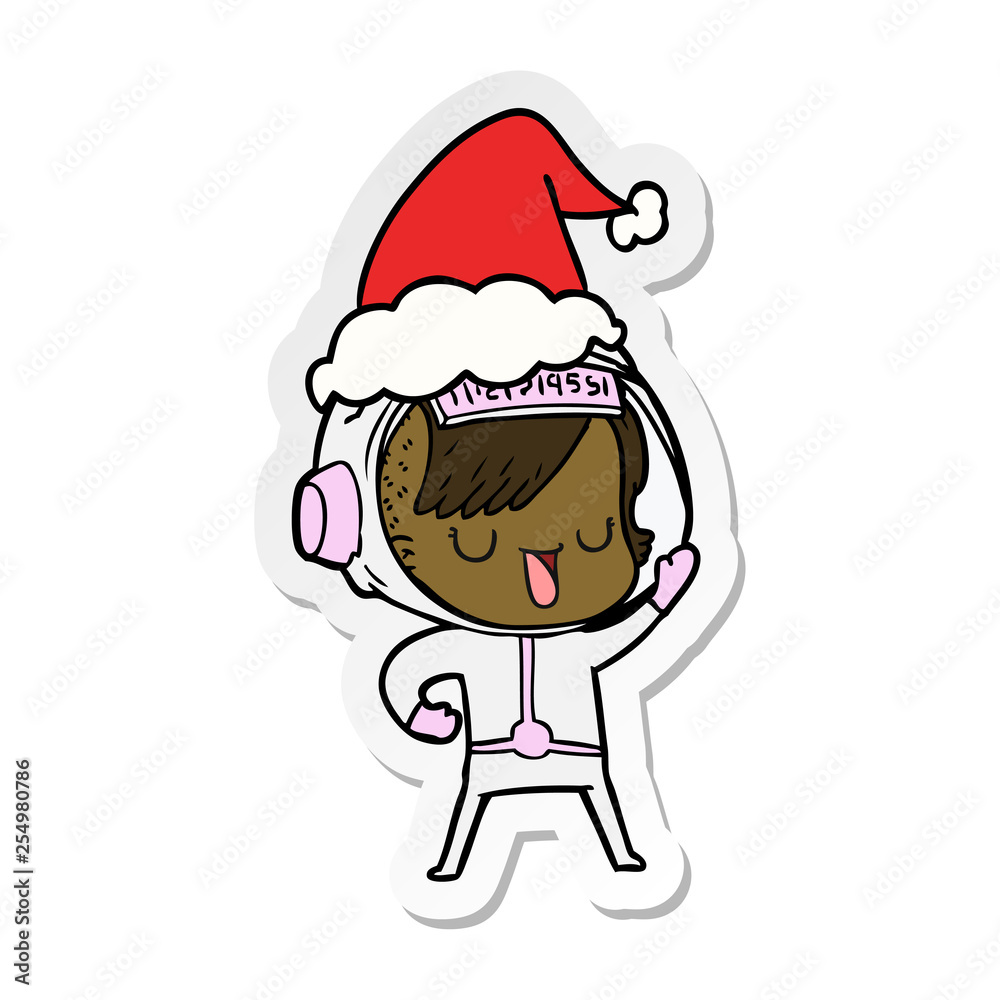 sticker cartoon of a astronaut woman wearing santa hat
