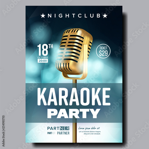 Karaoke Poster Vector. Retro Concert. Karaoke Club Background. Mic Design. Creative Layout. Audio Element. Speaker Label. Entertainment Competition. Media Announcement. Luxury. Realistic Illustration