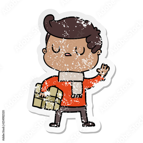 distressed sticker of a cartoon aloof man