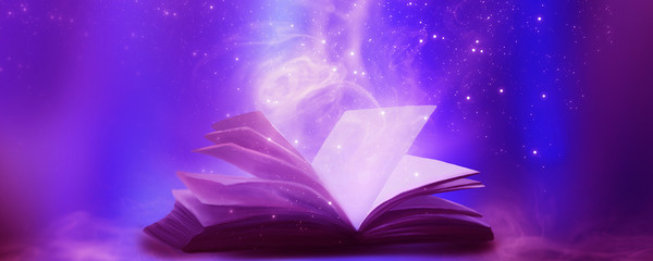 An open book with a magical fantasy. Night view illustration with a book. The magical power of reading and words, knowledge. Abstract background with a book.
