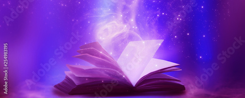 An open book with a magical fantasy. Night view illustration with a book. The magical power of reading and words, knowledge. Abstract background with a book.