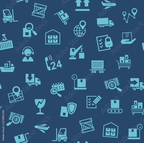 Cargo delivery, seamless pattern, dark blue, color, vector. Cargo transportation and delivery of goods. Blue icons on a dark blue background. Vector flat seamless pattern. 