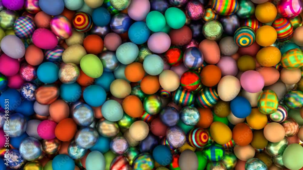 Animated top view and flying over pile of a lot of Easter and colorful eggs lying in large container or as if moving on conveyor belt. Animated top view and flying over pile of a lot of Easter and colorful eggs lying in large container or as if moving on conveyor belt.