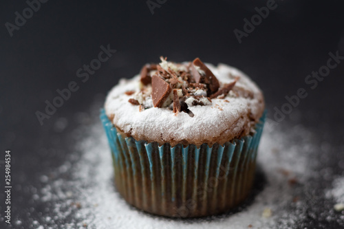 chocolate muffin with powder on a dark background. close ap. fresh bakery concept.