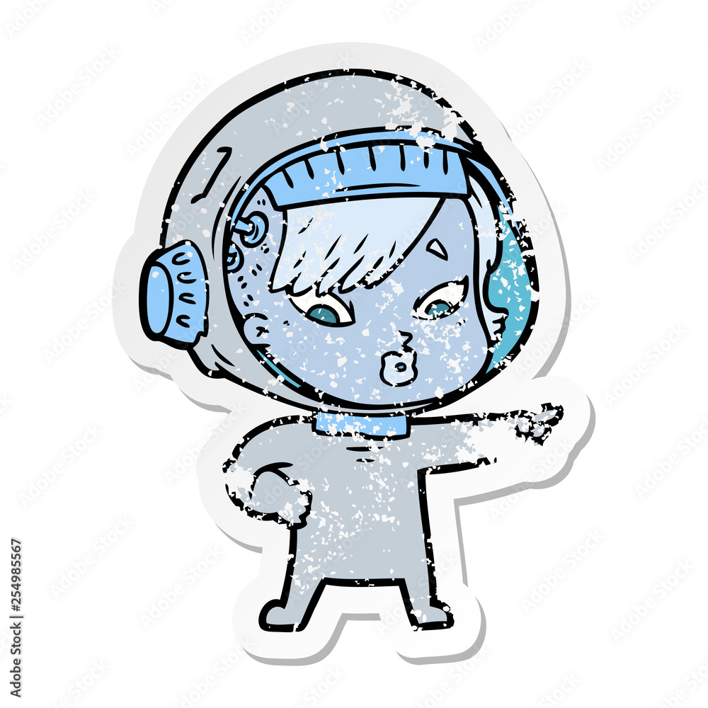 distressed sticker of a cartoon astronaut woman distressed sticker of a cartoon astronaut woman