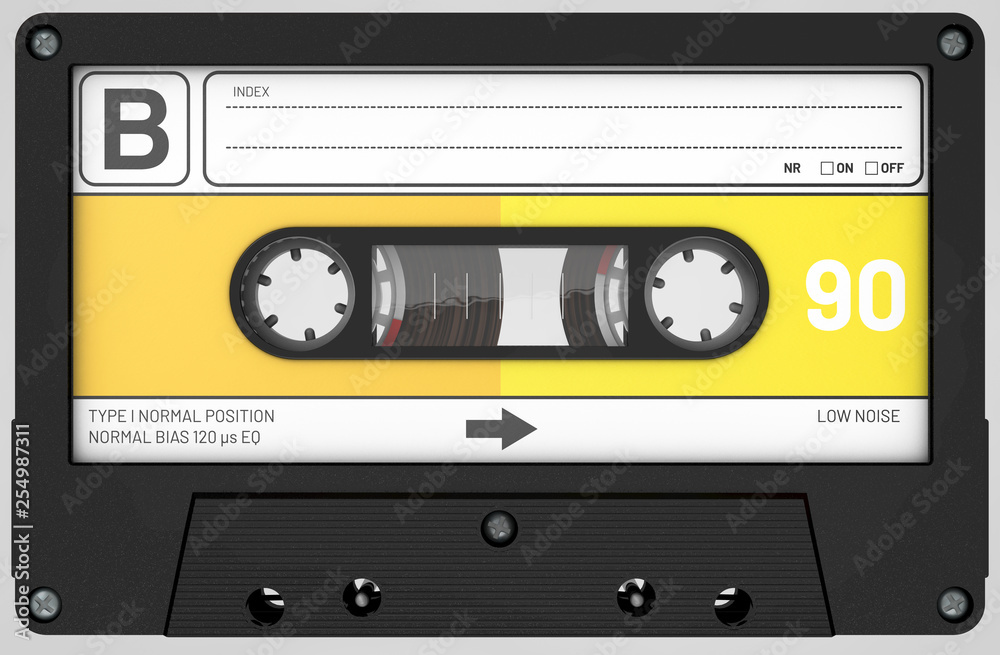Fototapeta premium 3d illustration of a black audio cassette with sticker and label