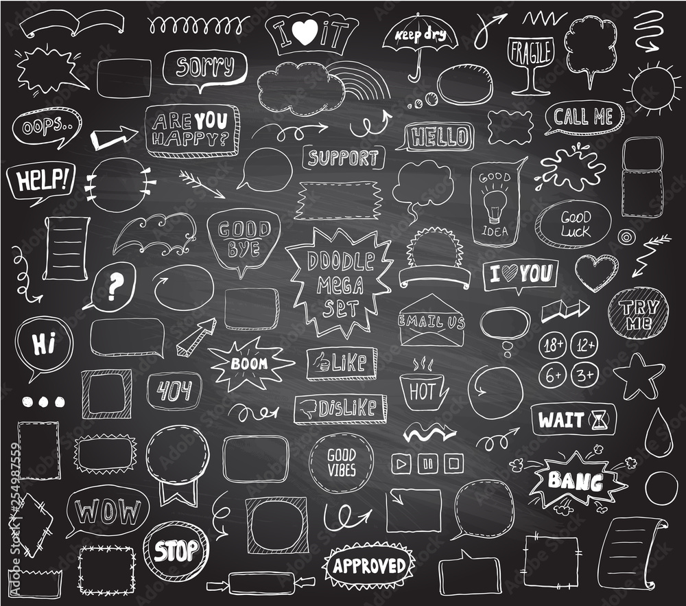Graphic sketch elements set on a chalkboard - doodle graphic line signs and symbols, speech bubbles, frames, phrases