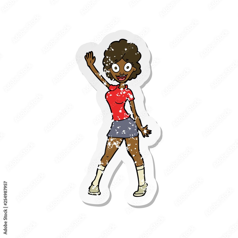 retro distressed sticker of a cartoon woman dancing retro distressed sticker of a cartoon woman dancing