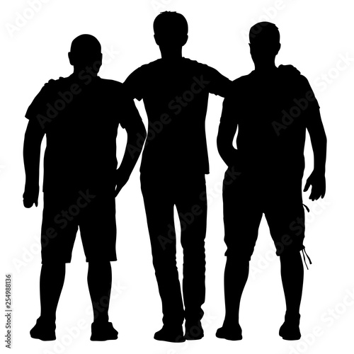 Black silhouette three men stand embracing on white background