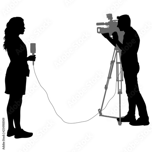Silhouette operator removes journalist with microphone on a white background