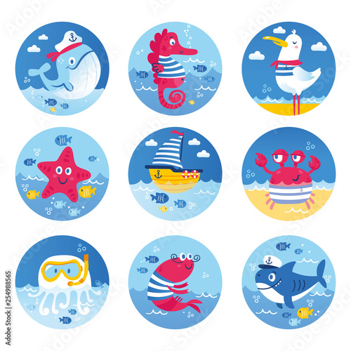 Cute vector set about sea life: captain whale, fish, seahorse, shrimp, star, crab, jellyfish, sailor shark. Animals in color circles for children designs: icon, sticker, card, invitation, clothes.