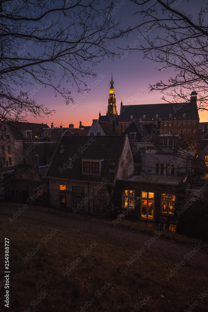 Obraz premium The Burcht van Leiden at night, an old shell keep in Leiden constructed in the 11th century