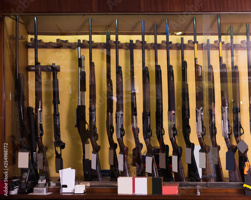 Gun shop interior with specialized rifles